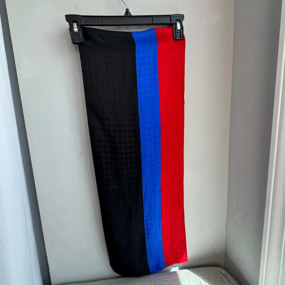 Vintage Bill Blass Silk Scarf Blue Black Red Houndstooth Colorblock 60